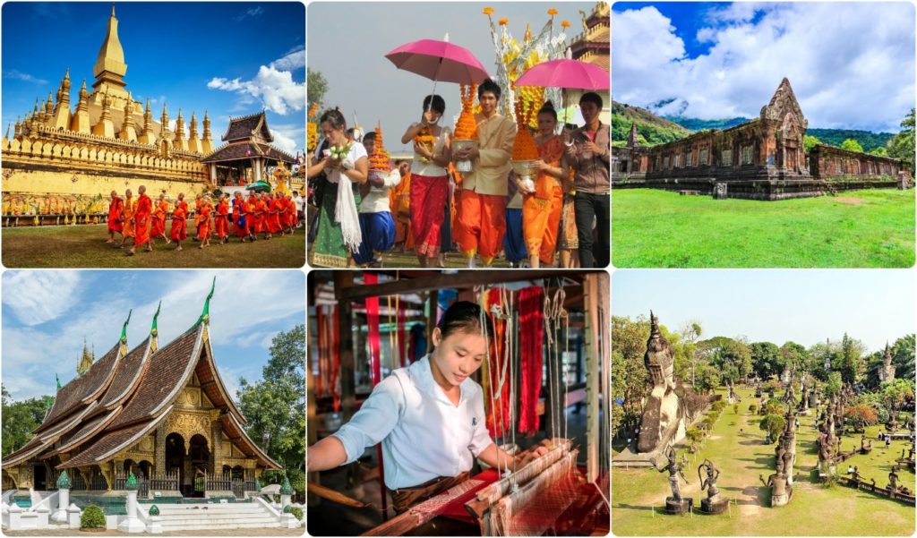 (Clockwise from L-R) Golden Pagoda of Phra That Luang Temple; Pha That Luang Festival; Wat Xieng Thong; Ock Pop Tok’s crafts workshop in Luang Prabang; Wat Xieng Khuan, A tour of Vientiane is incomplete without the sculptures in Buddha Park; 5th century Khmer ruins of Wat Phou is the second Laotian site in the UNESCO World Heritage list