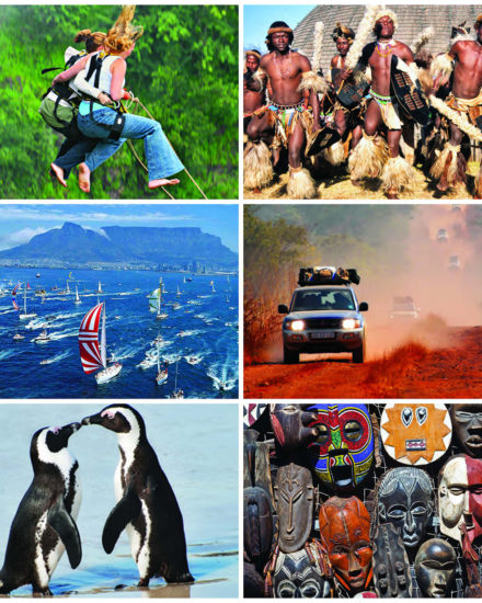 South Africa offers many adventure sports; Zulu tribe of South Africa; Privately owned safari enterprise, specialising in Guided Self Drive Safaris (4x4) to African countries such as Mozambique, Malawi, Zambia, Tanzania (including Serengeti National Park) and Botswana; African masks for sale; A pair of African penguins, Boulders Beach, South Africa; Durban, the City of Wind