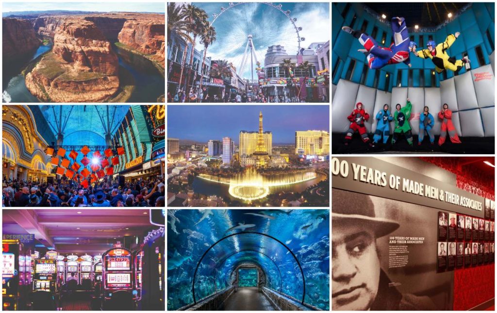 (Clockwise from top leftright) The Grand Canyon; High Roller Ferris Wheel on the Linq; Mandalay Bay and the Shark Reef Aquarium; Vegas Indoor Skydiving; Mob Museum, The Wall of Mobsters; Slot machines; Bellagio Resort and Fountain Show; Fremont Street